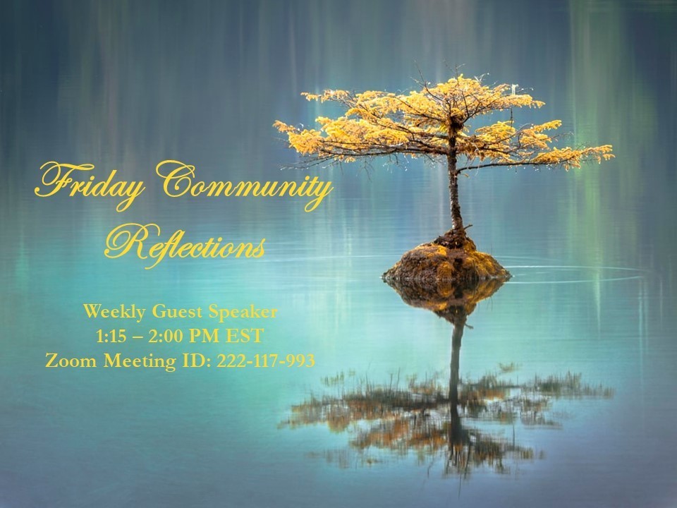 Friday Community Reflections 1:15-2pm. Zoom Meeting ID 222-117-993